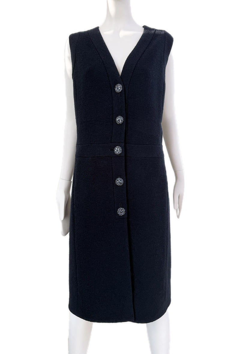 Chanel Navy Boucle Tweed Midi Dress  with Gripoix Jewel Buttons
