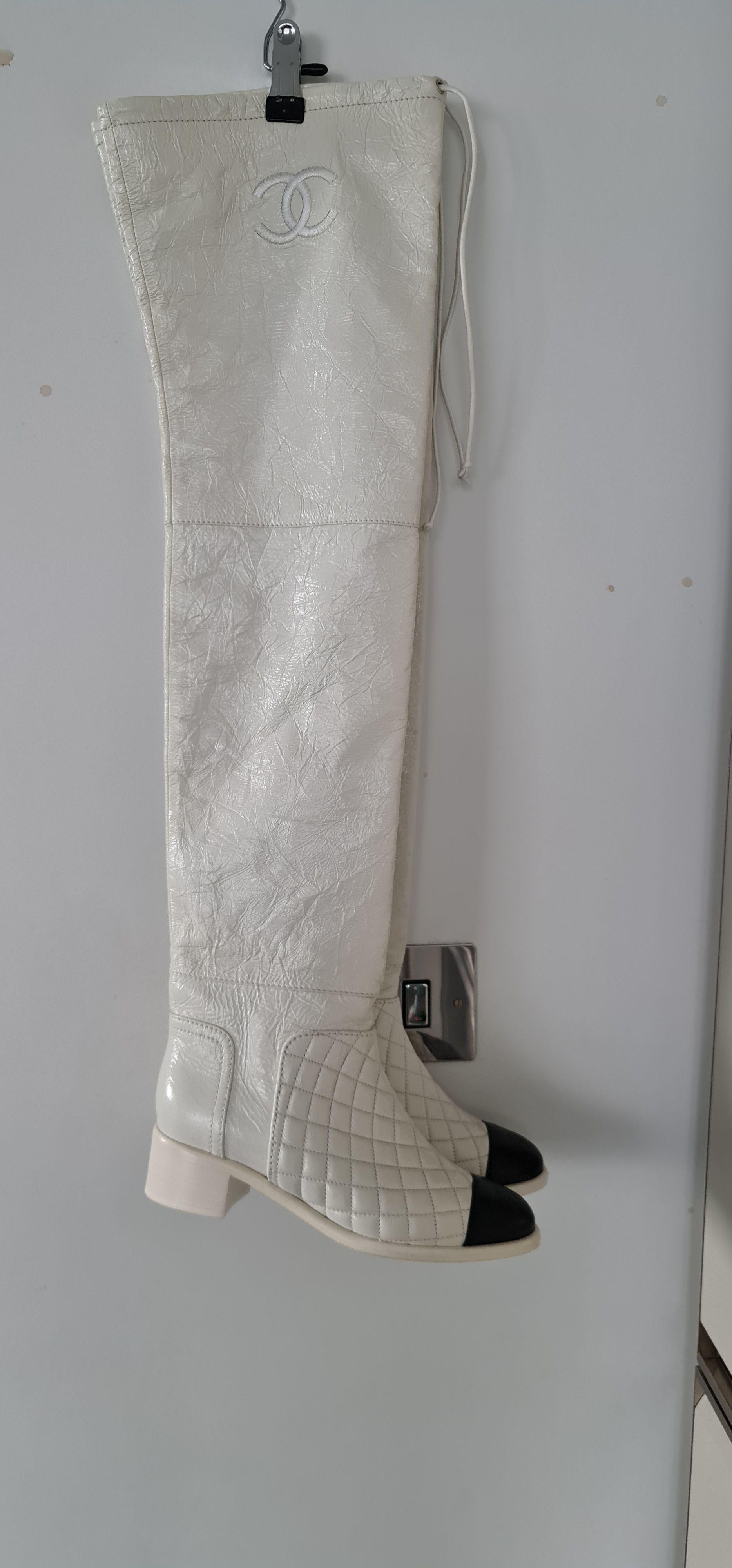 Chanel White Knee High Leather Boots