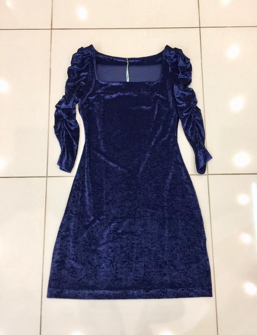 French Couture Navy Blue Panne Velvet Square Neck Dress