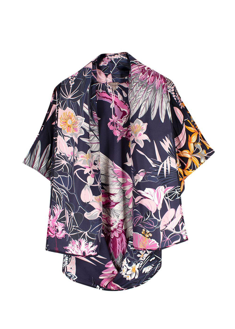 Hermes Navy and Pink Floral Print Silk Lightweight Open Scarf Blouse