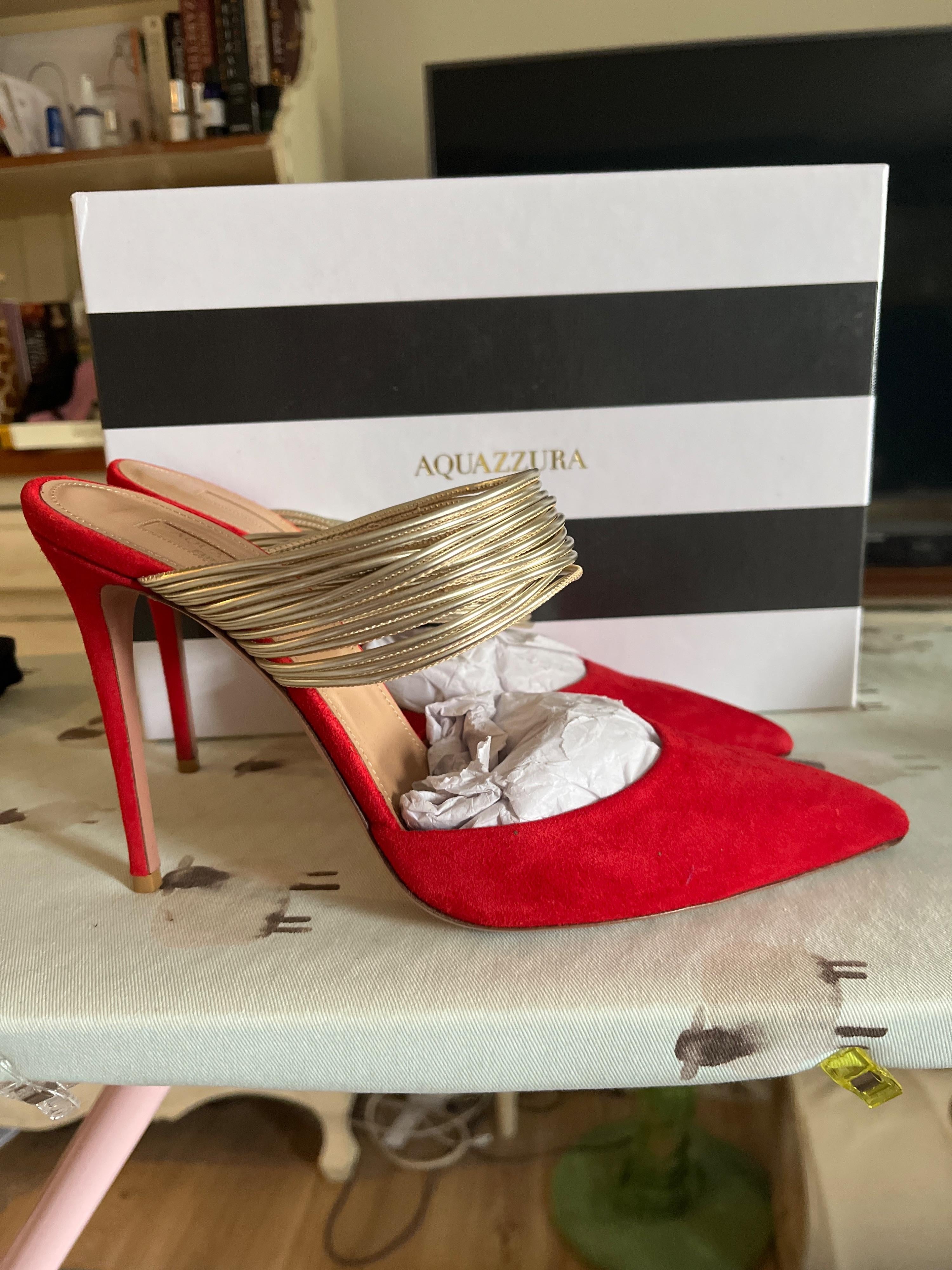 Aquazurra Red and Gold Suede Heels