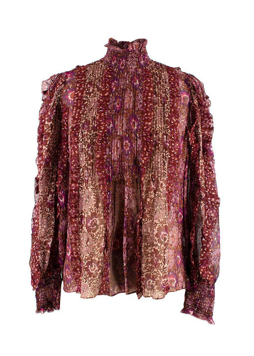 Ulla Johnson Burgundy Patterned Sheer Silk Elita Blouse
