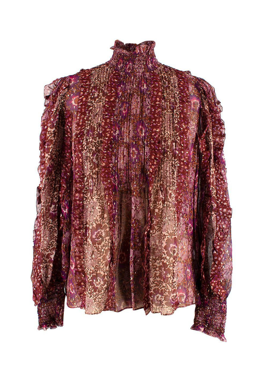 Ulla Johnson Burgundy Patterned Sheer Silk Elita Blouse
