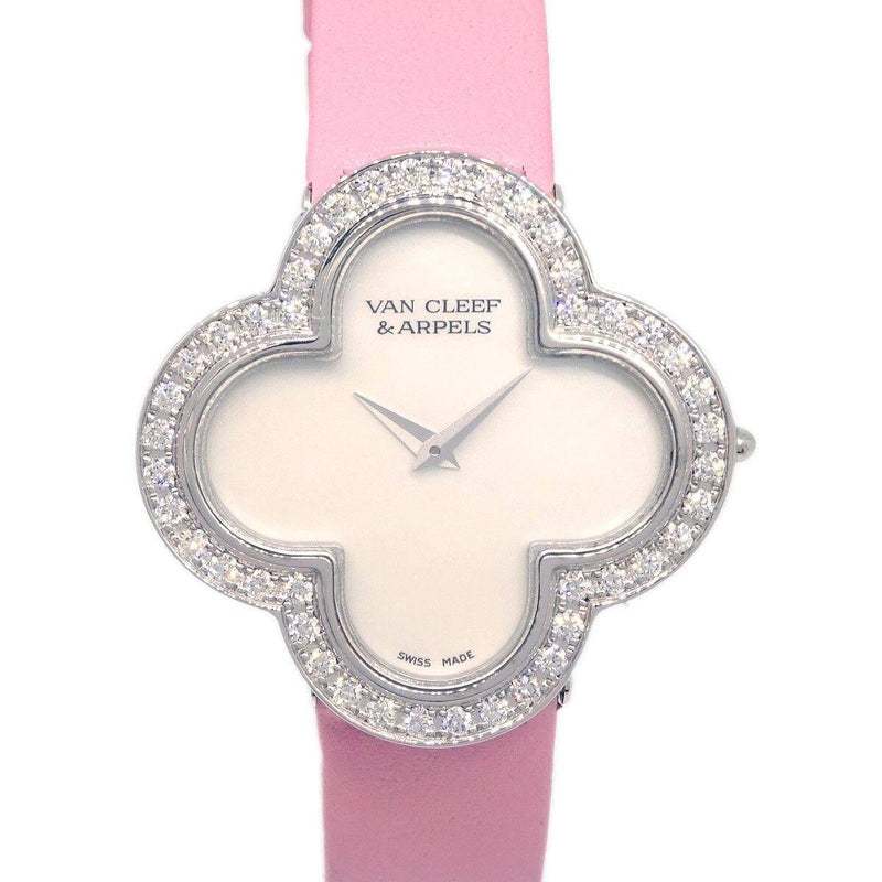 Van Cleef & Arpels Alhambra Quartz Watch White Gold and Satin with Diamond Bezel and Mother of Pearl 26