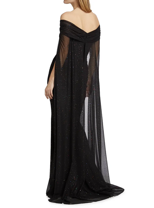 Talbot Runhof Confetti Tulle Off-The-Shoulder Cape Gown