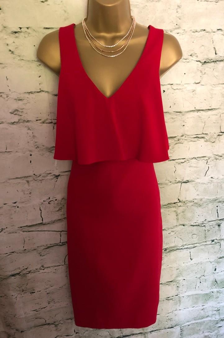 Red Fitted Dress with Ruffle Overlay