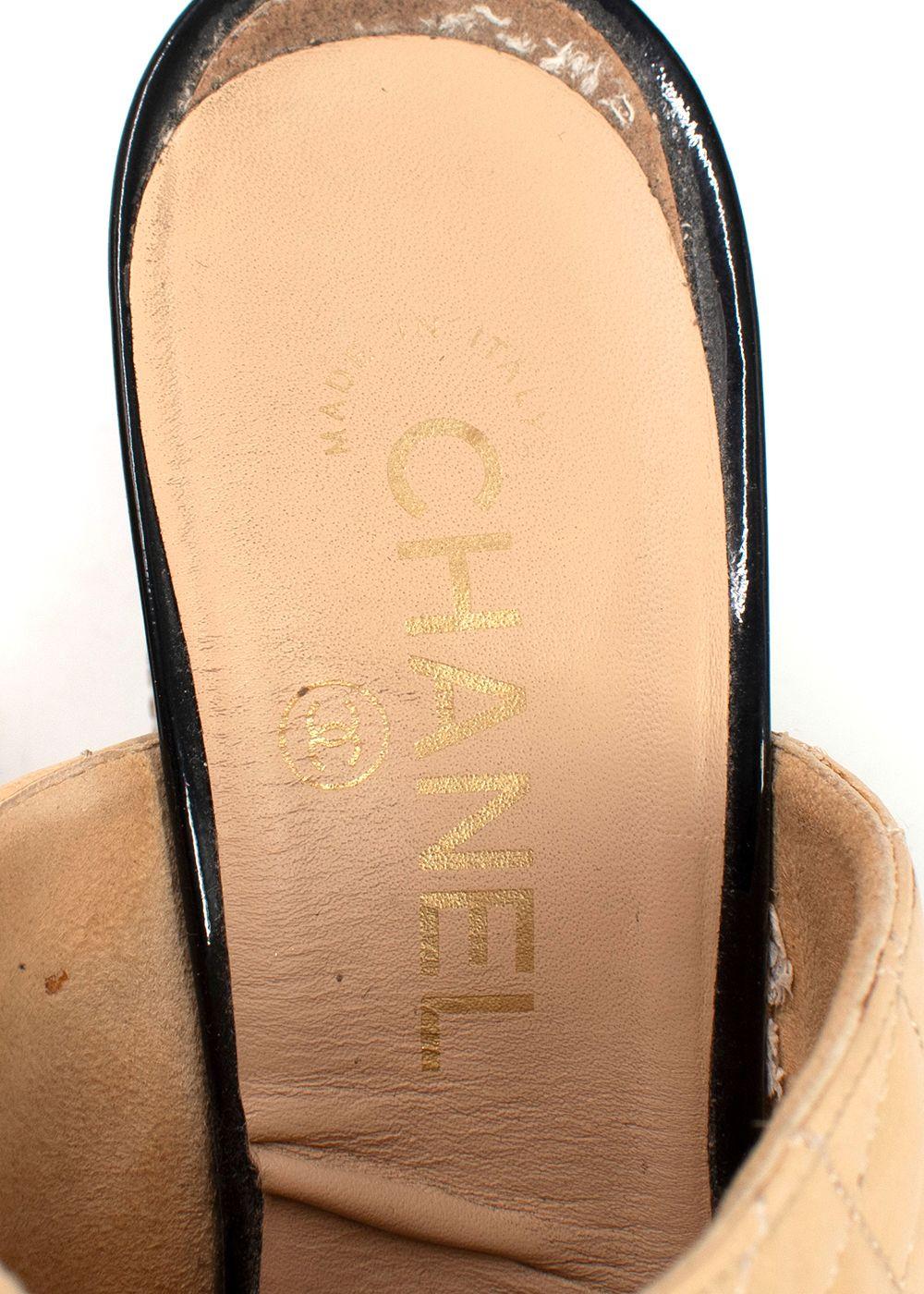 Chanel Beige Quilted Black Patent Cap-toe Mules