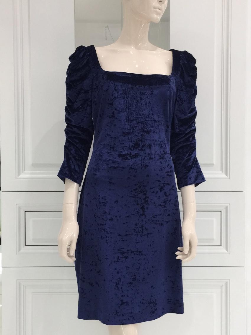 French Couture Navy Blue Panne Velvet Square Neck Dress
