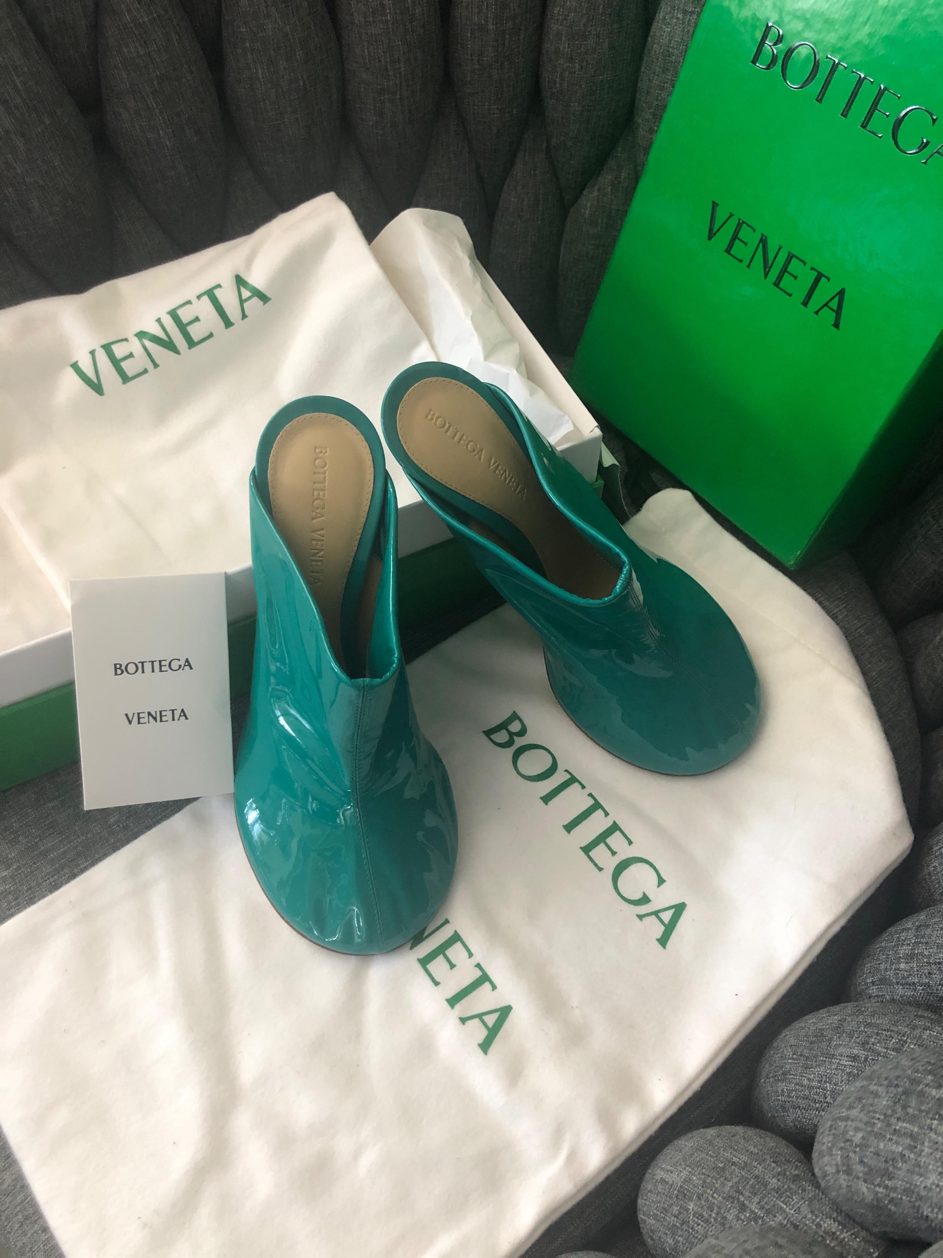 Bottega Veneta Teal Patent Leather Dot Mules