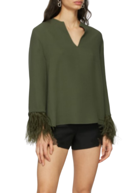 Valentino Khaki Silk Blouse with Feather Trim