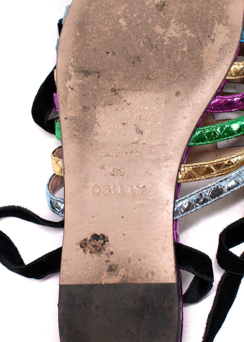 Metallic Rainbow Snake Embossed Lace-up Flat Sandals