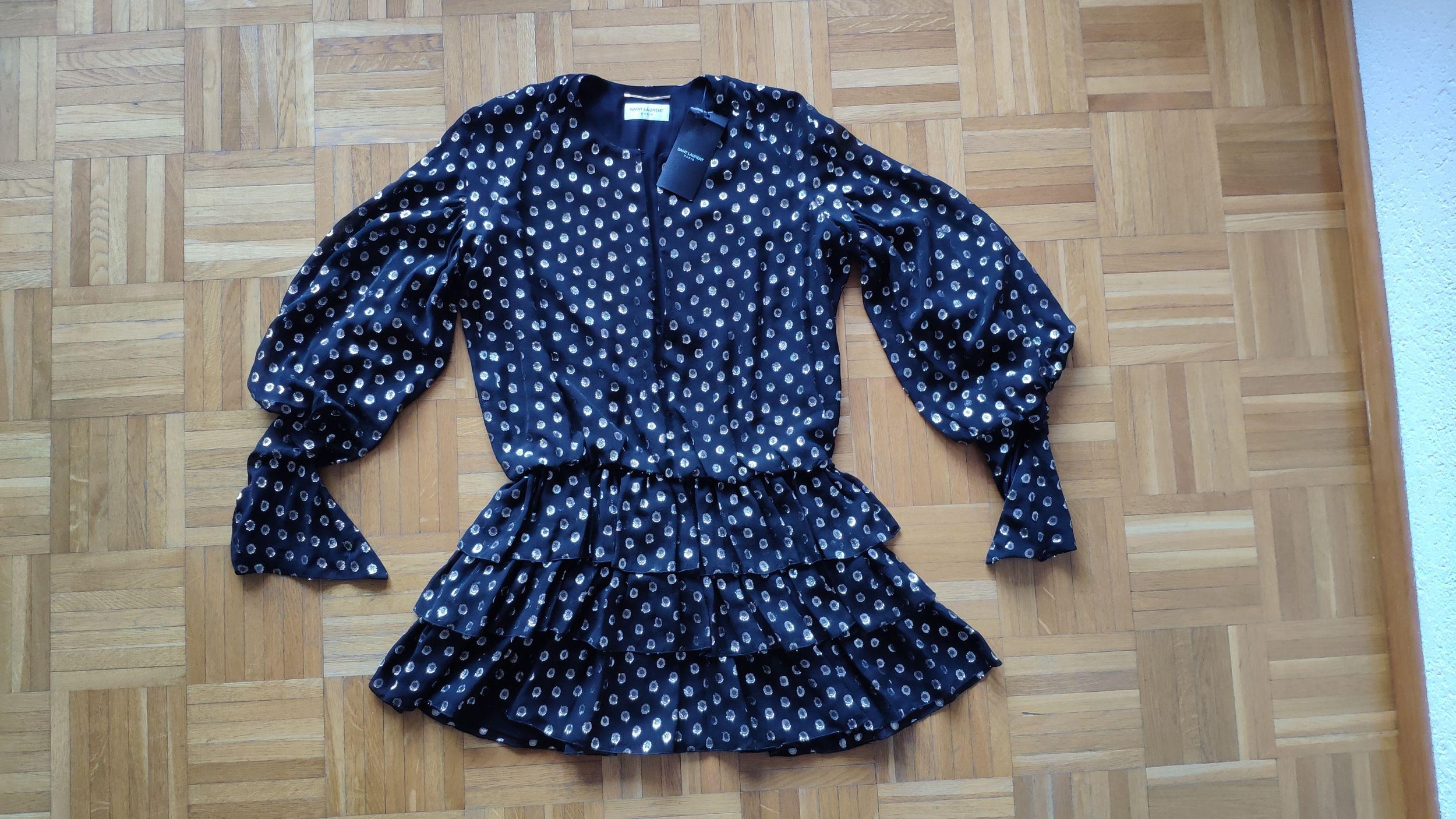 Black & gold fil coupe tiered dress