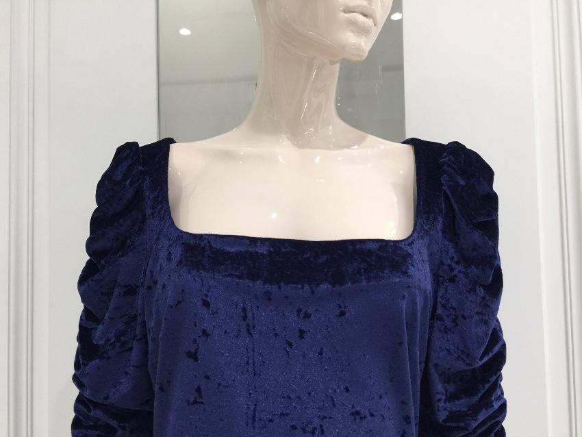 French Couture Navy Blue Panne Velvet Square Neck Dress