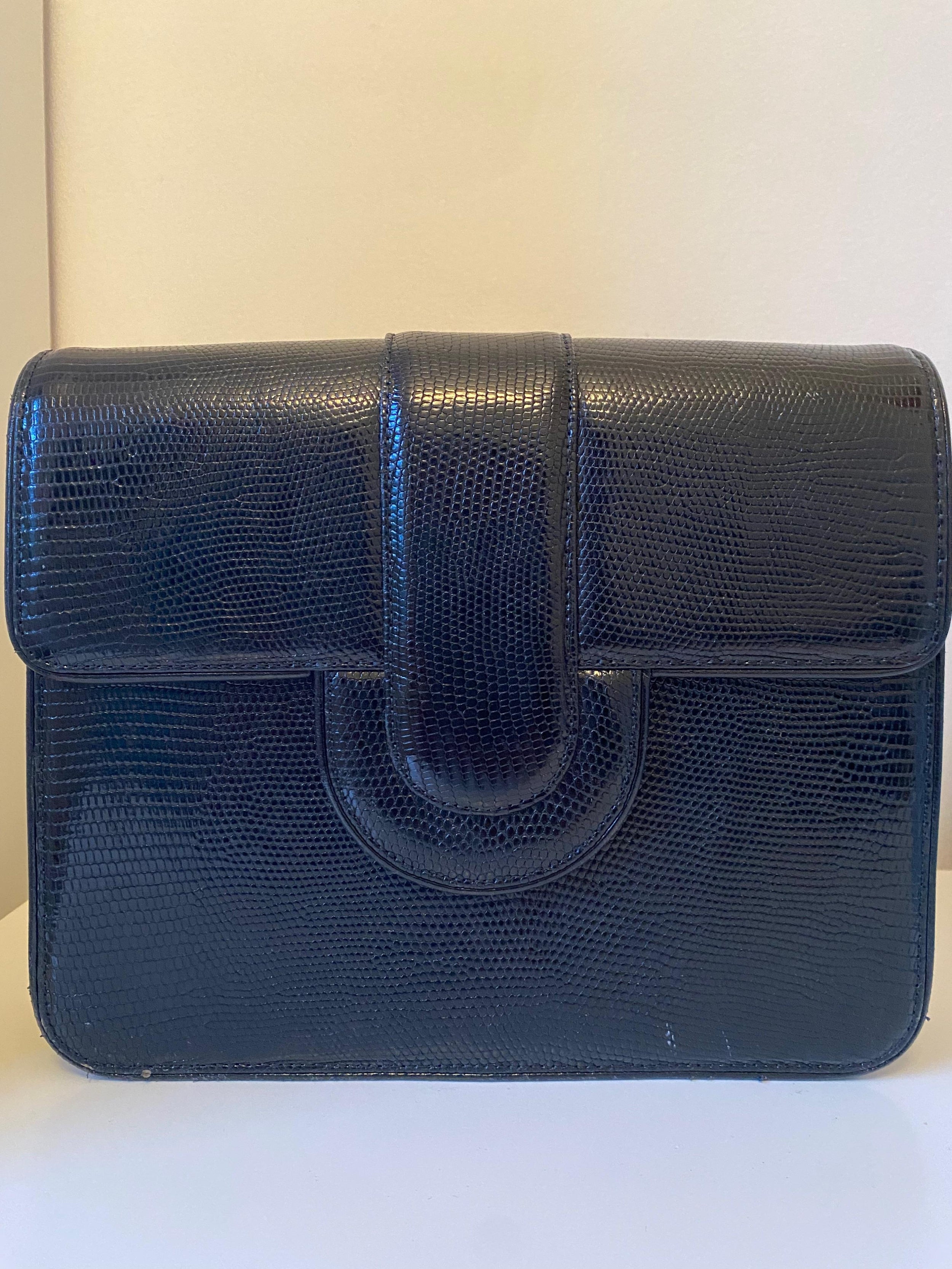 Vintage Black Lizard Embossed Patent Leather Bag