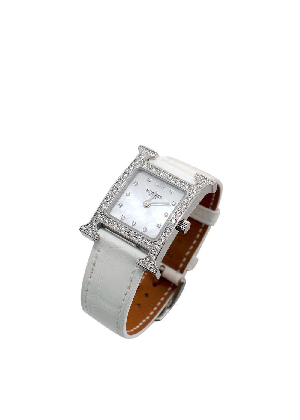 Hermès White Heure H Watch in Matte Chantilly Alligator with Diamonds
