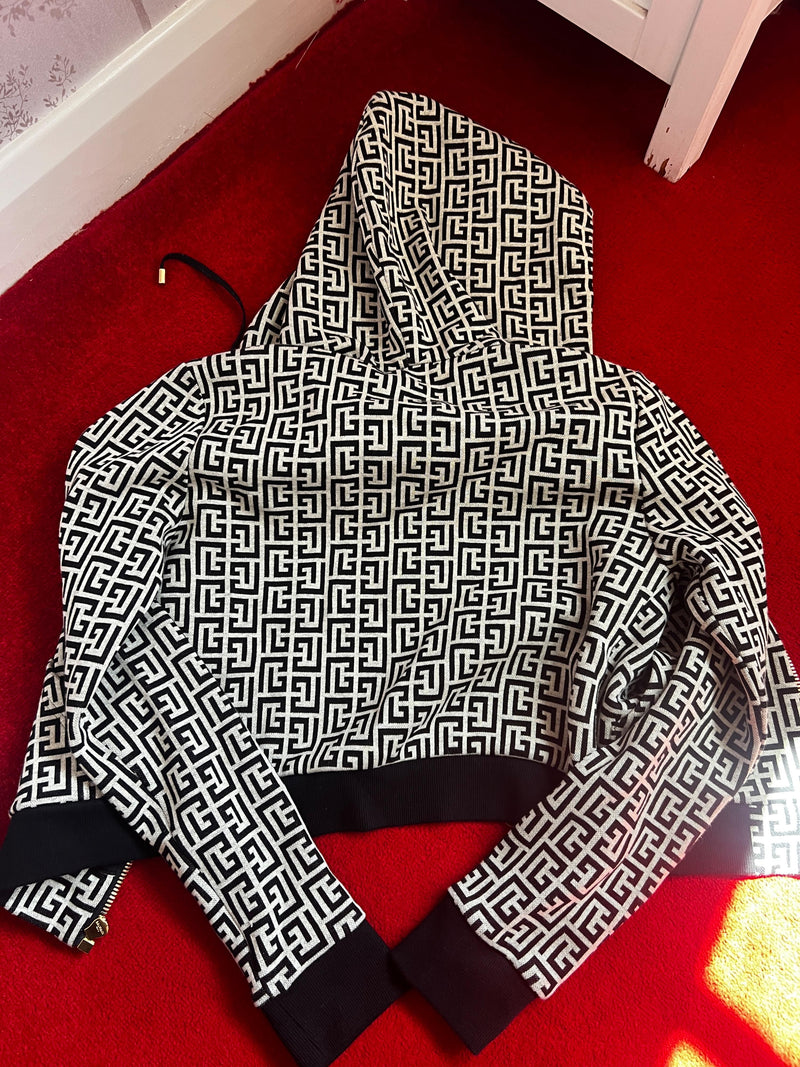 Monogram Printed Cropped Zip Up Hoodie