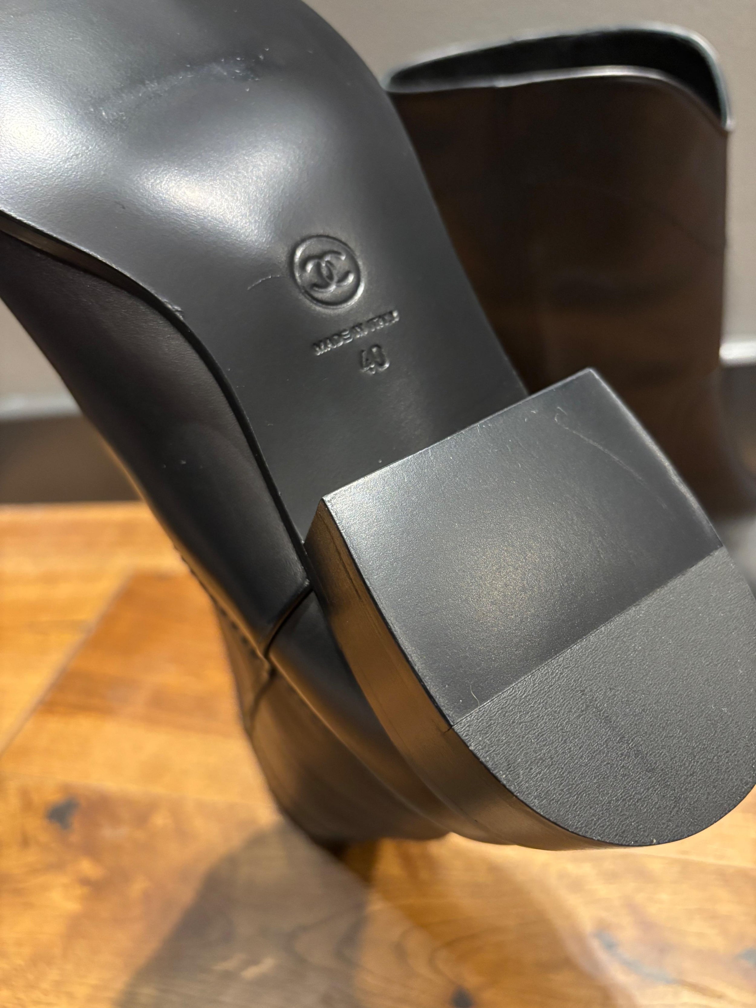 Chanel Black Leather CC Boots