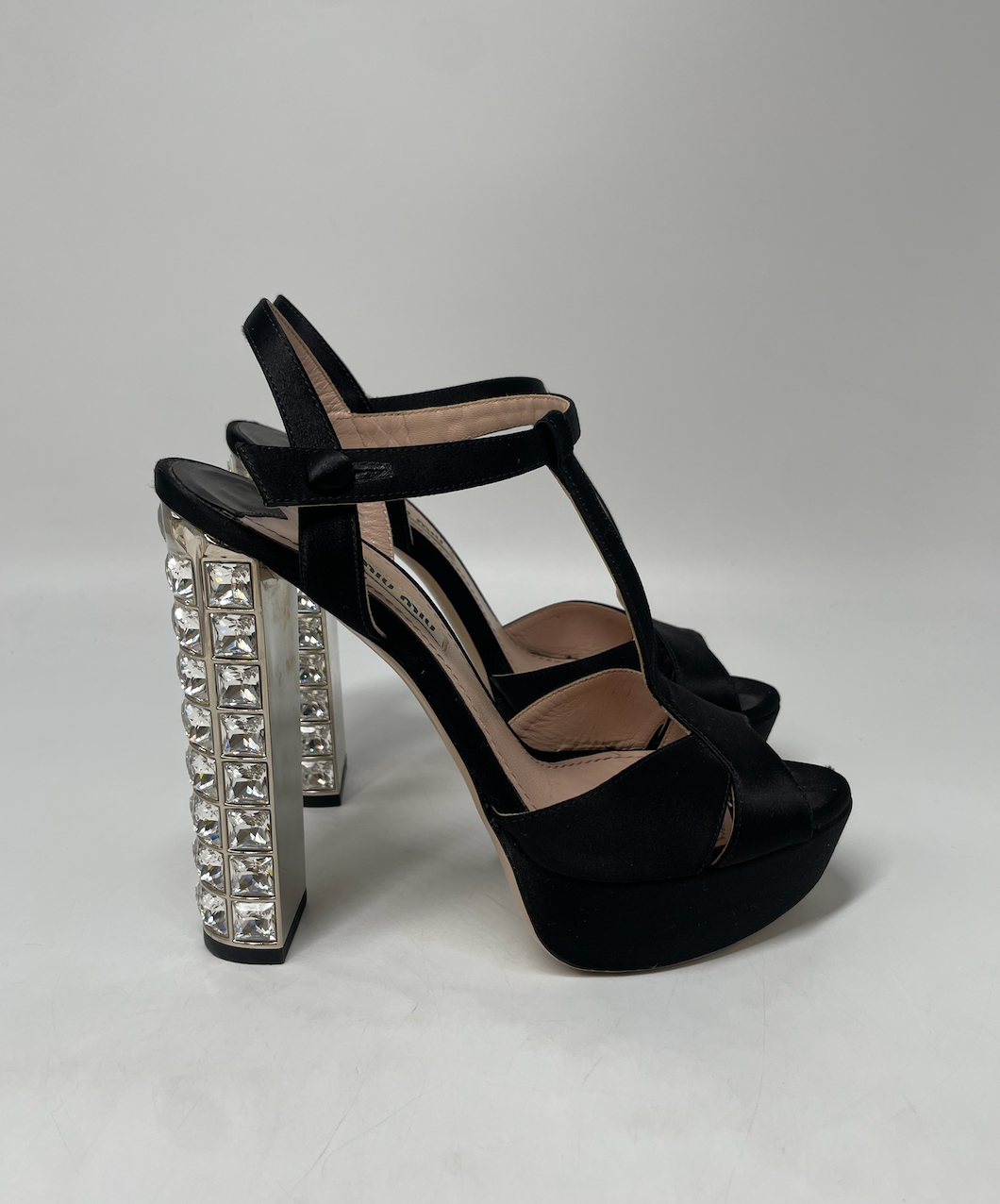 Miu Miu Crystal Embellished Heeled Satin Sandals