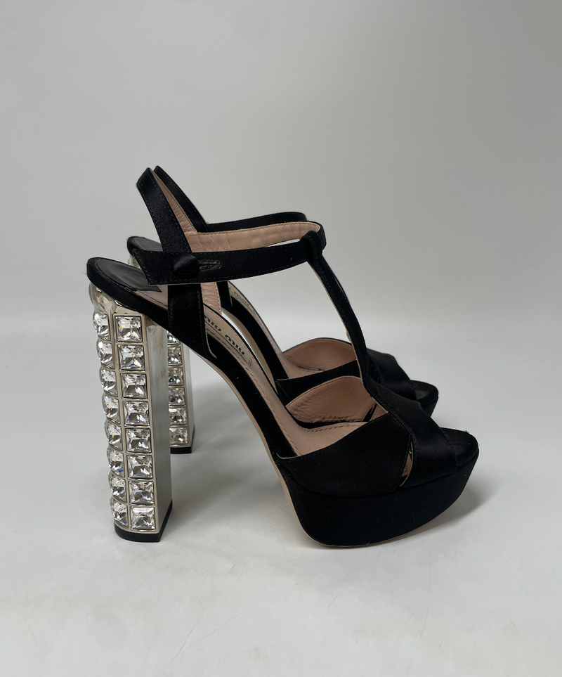 Miu Miu Crystal Embellished Heeled Satin Sandals