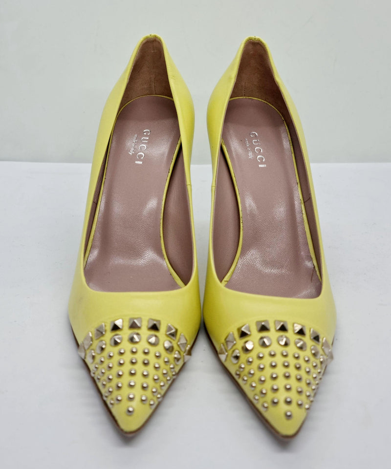 Gucci Yellow Studded Leather Malaga Pointed Toe Pumps