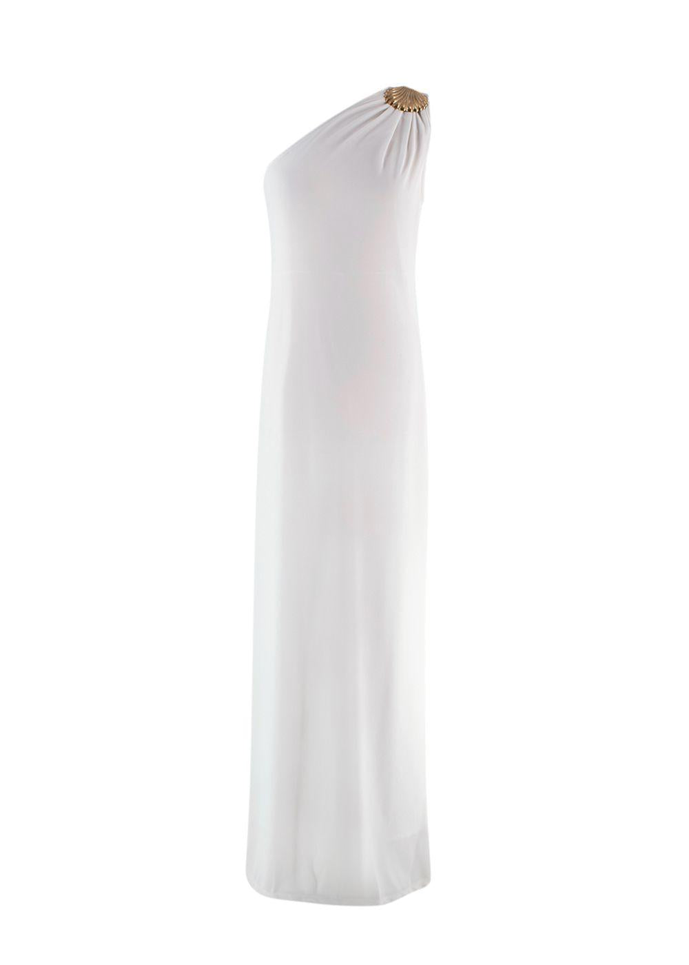 Elena Makri White One Shoulder Maxi Dress with Gold Shell Detail