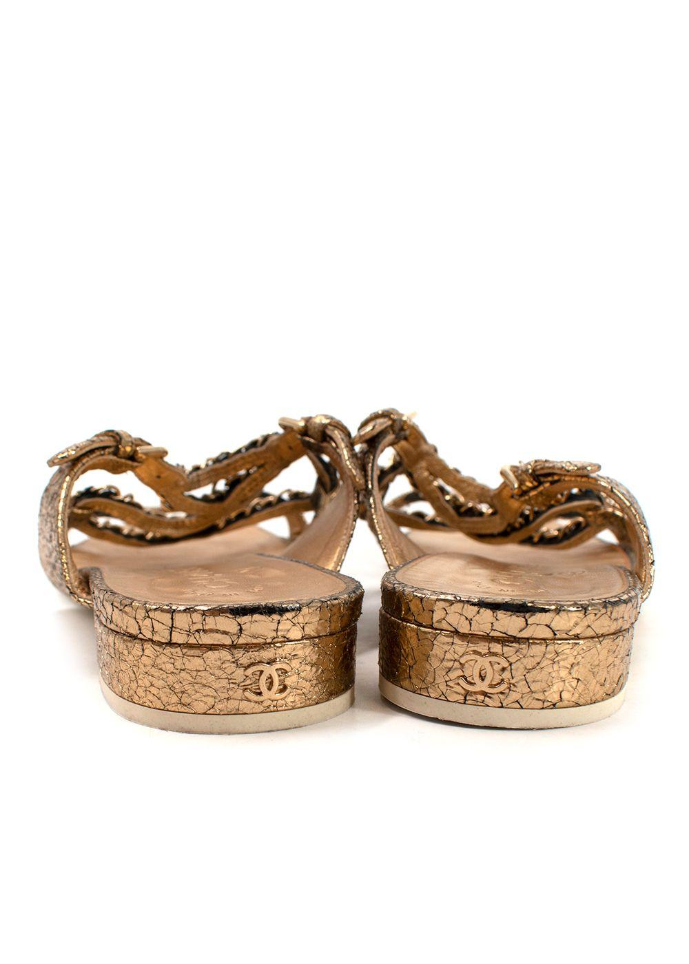 Chanel Metallic Gold Leather Chain Detail Sandals