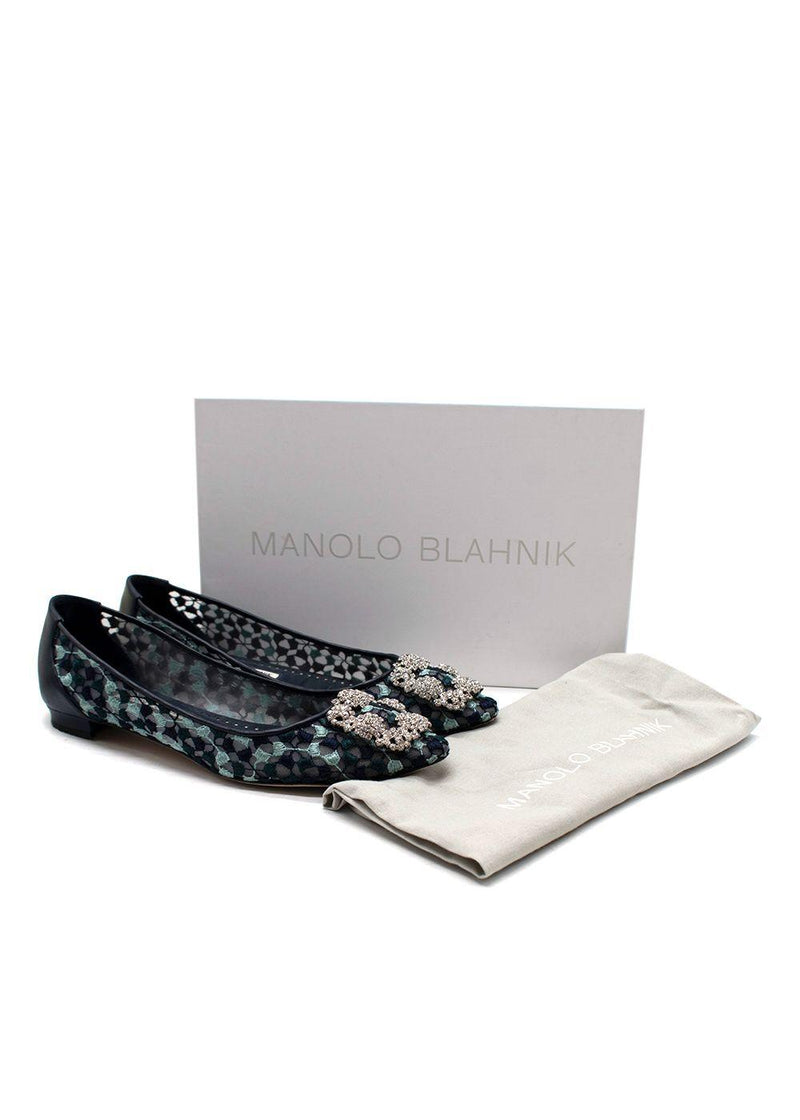 Manolo Blahnik Navy Lace Jewel Buckle Flat Pumps