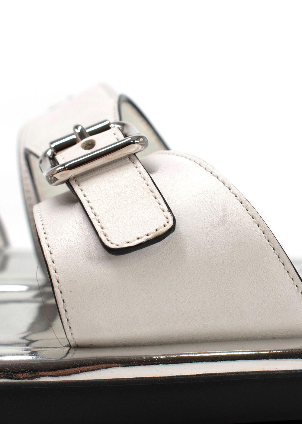 Prada White and Silver Leather Buckle Sandals
