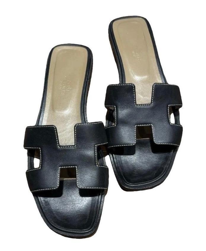 Hermes Black Leather Oran Sandals