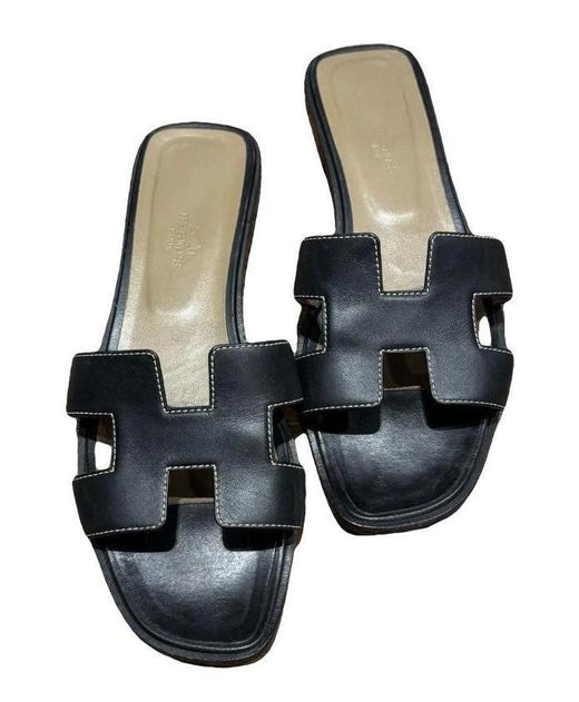 Hermes Black Leather Oran Sandals