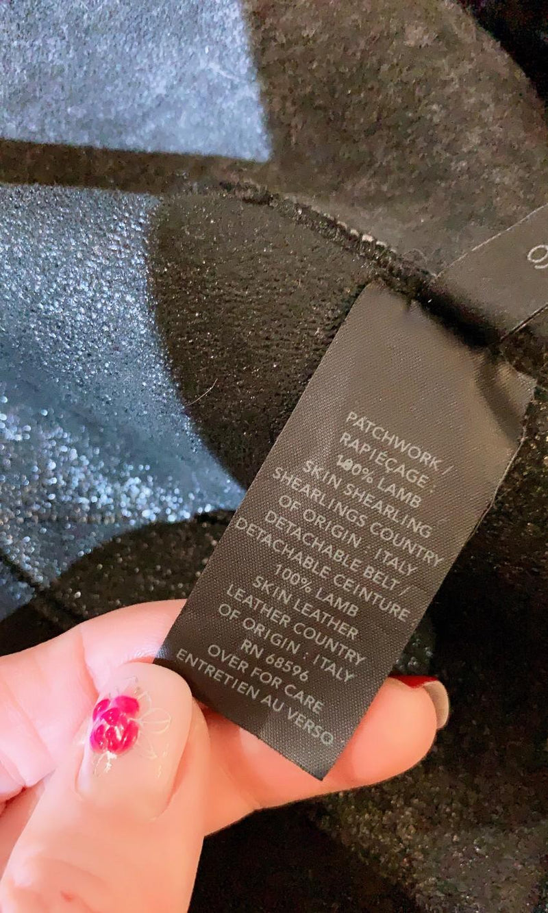 Donna Karan Leather Trimmed Patchwork Shearling Coat