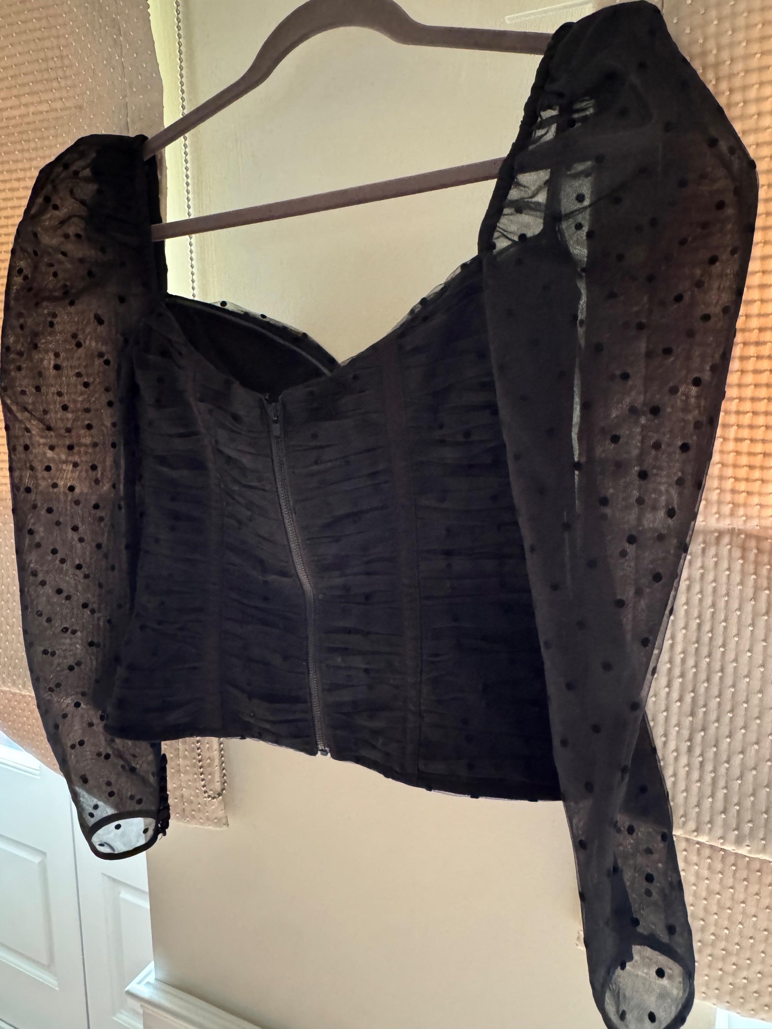 Black Polka-Dot Mesh Long-Sleeve Corset Top