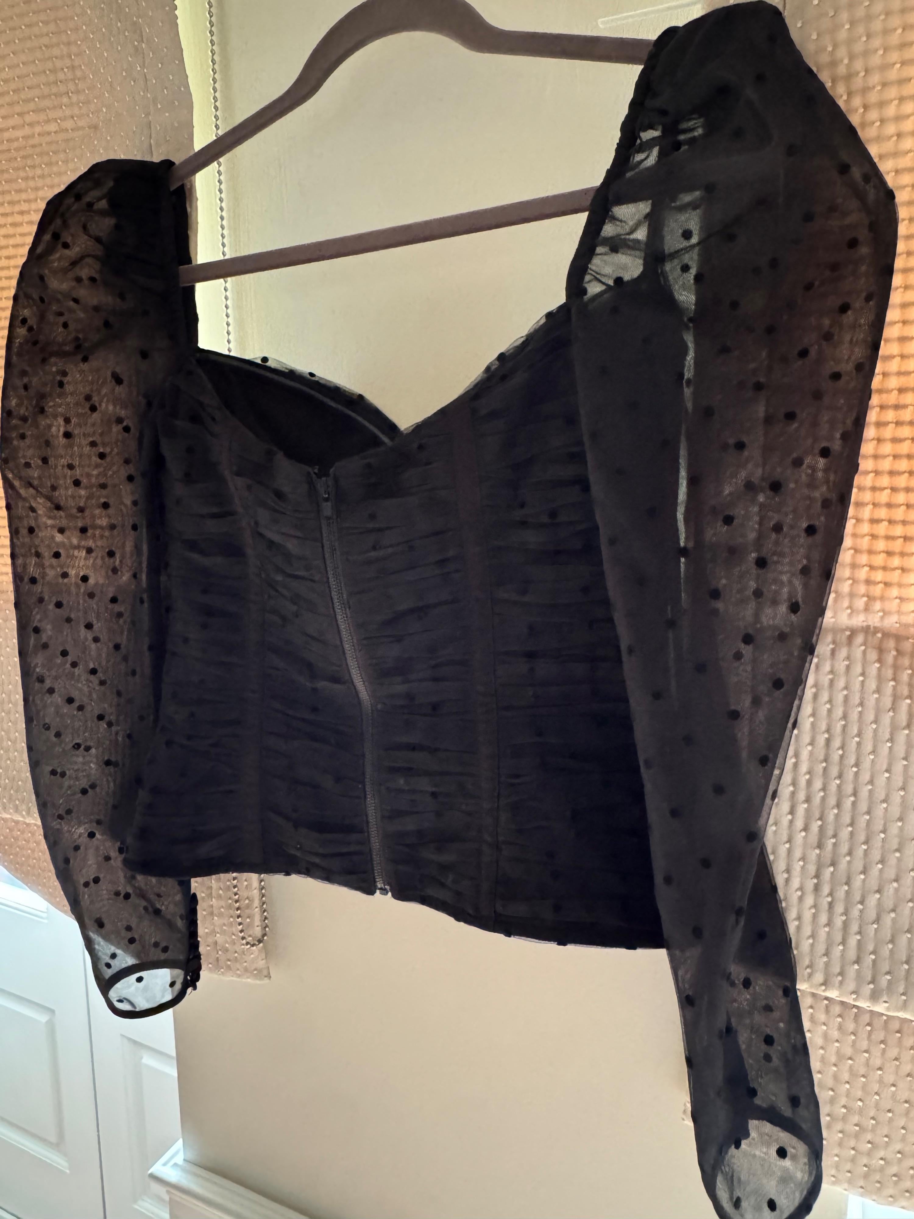 Black Polka-Dot Mesh Long-Sleeve Corset Top