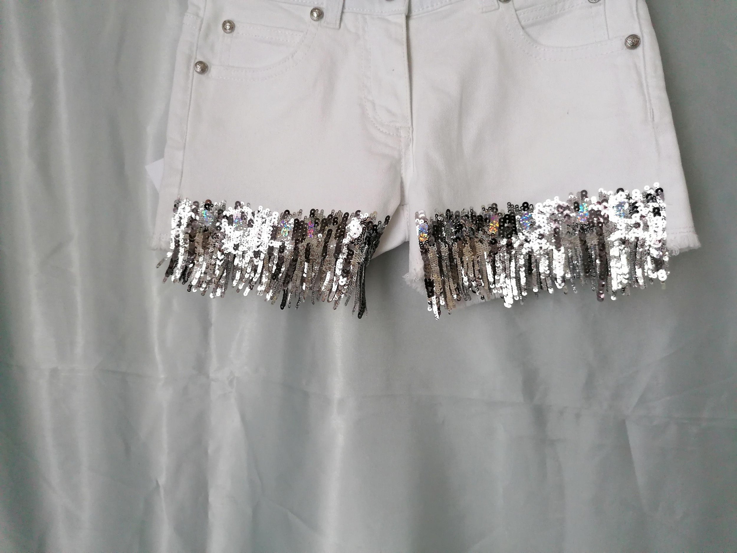White Denim Sequin Fringed Shorts