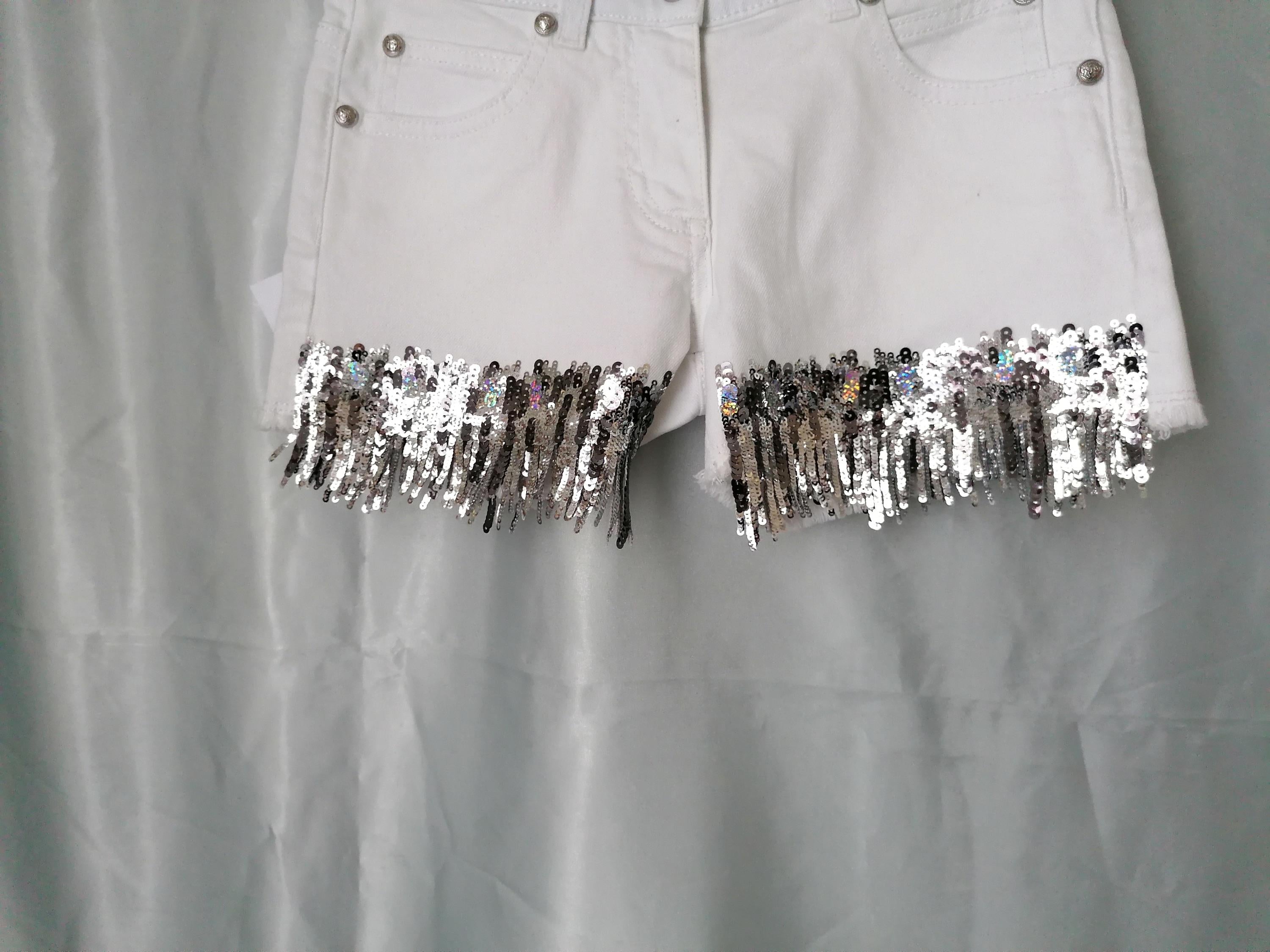 White Denim Sequin Fringed Shorts