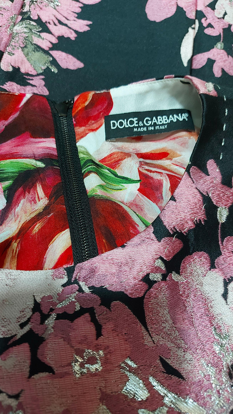 pink & black floral Duchesse satin dress