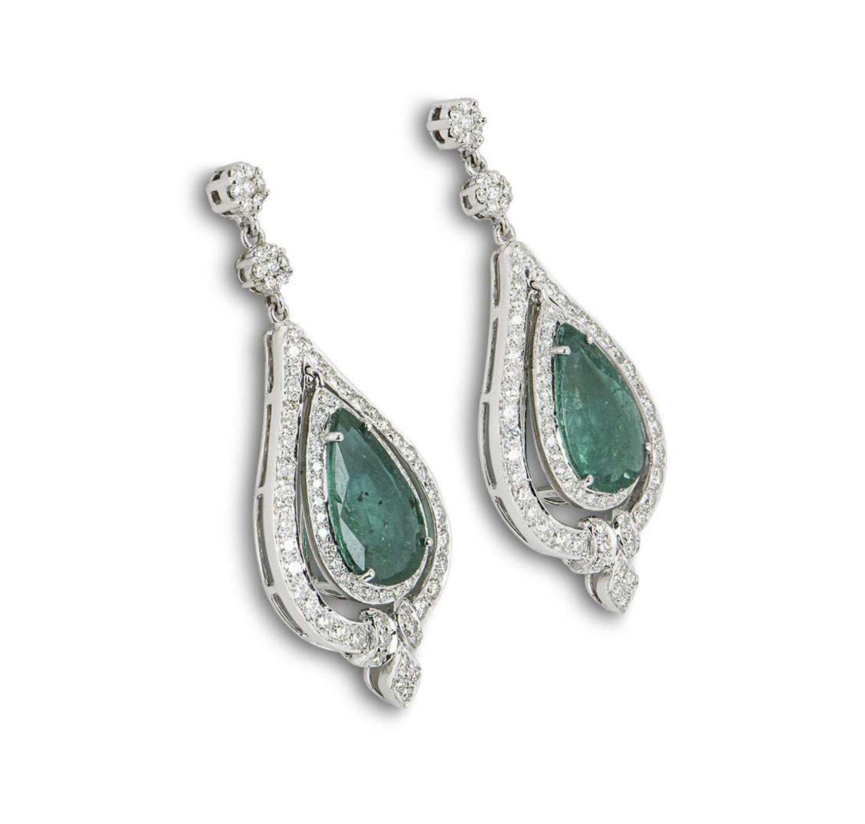 18ct white gold, white diamond & emerald drop earrings