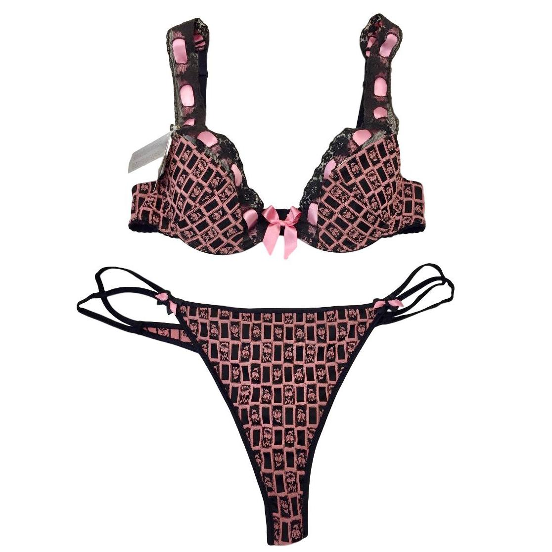 Vannina Vesperini Paris Rose & Black Plunge Bra & Thong Set