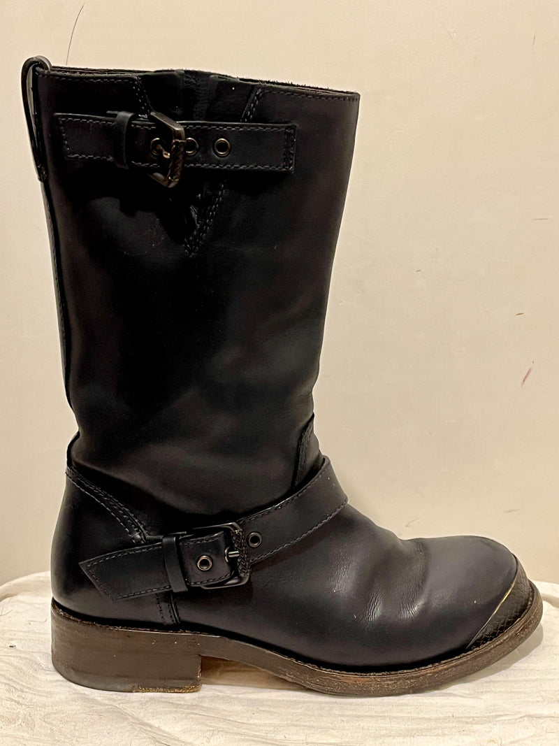 Navy Leather Biker Boots