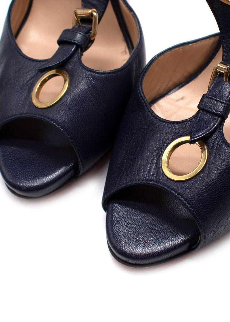 Christian Louboutin Black Leather Peep-Toe T-Strap Heels with Gold Hardware