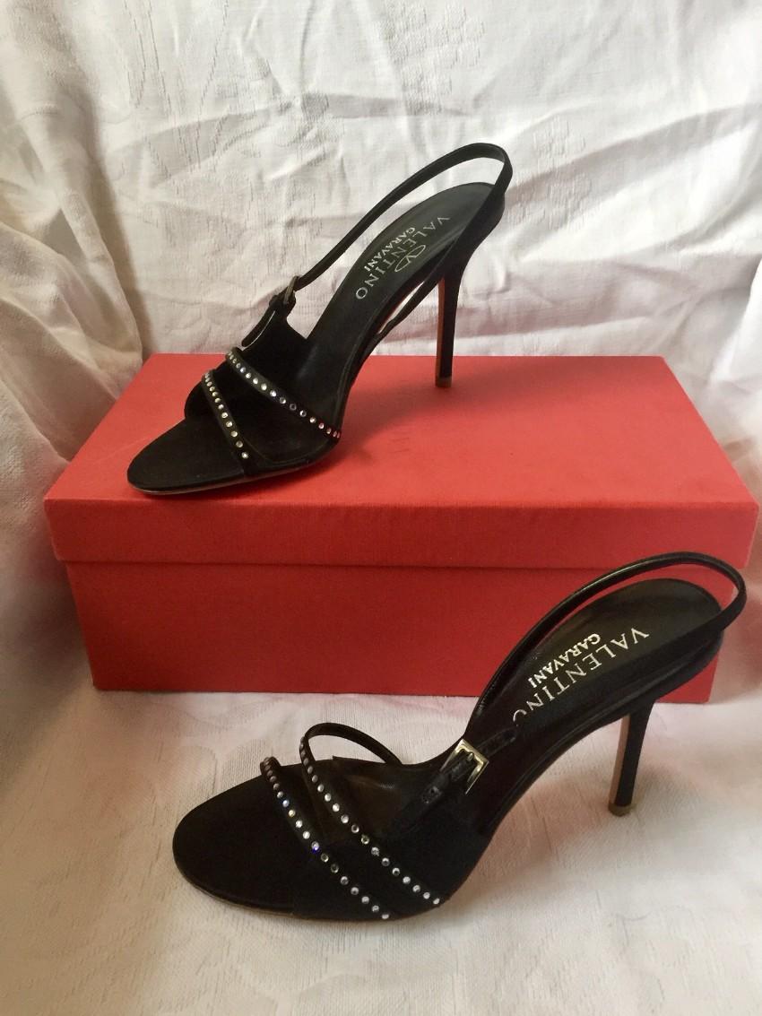 Valentino Garavani black satin crystal embellished heeled sandals