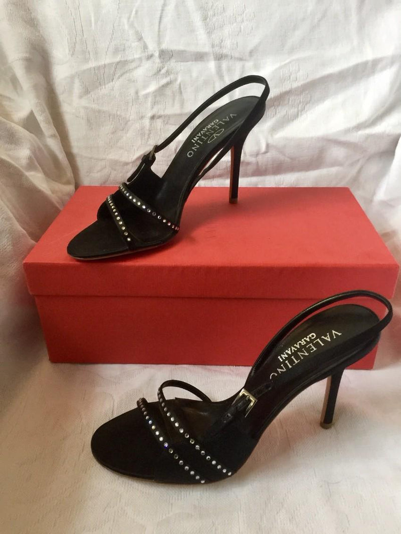 Valentino Garavani black satin crystal embellished heeled sandals