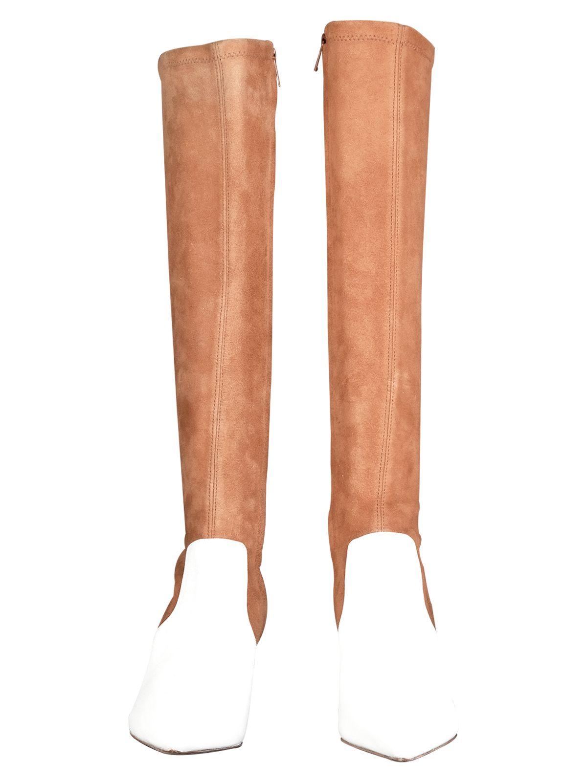 Beige suede & white leather heeled long boots