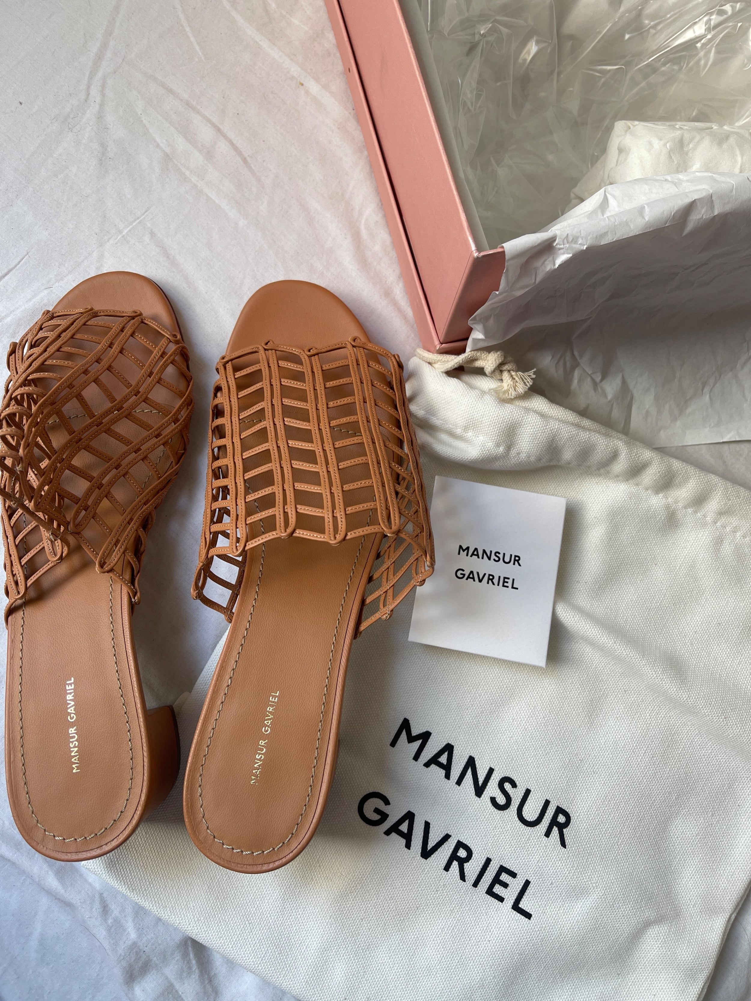 Tan woven leather block heeled mules