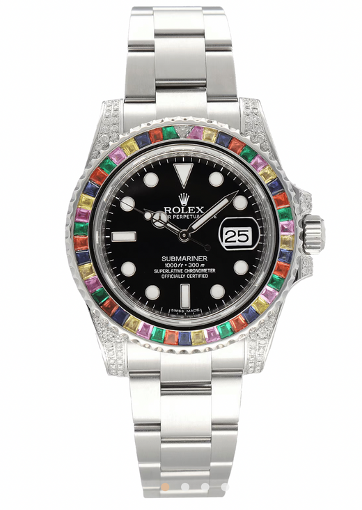 Rolex 40mm Silver Oyster Perpetual Date Submariner Rainbow  Watch