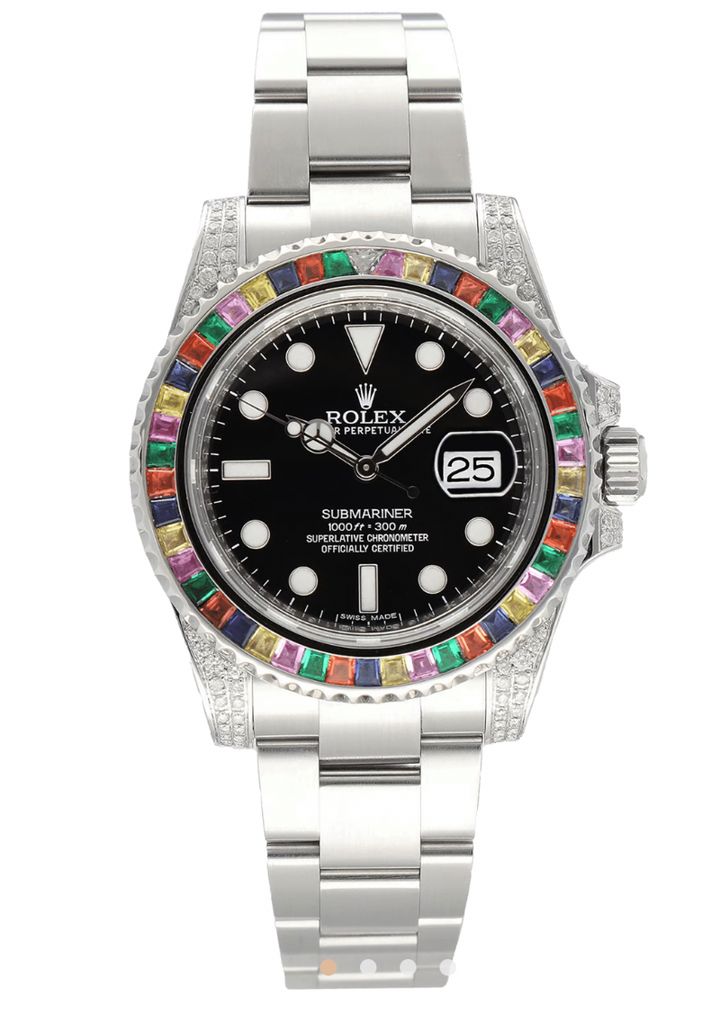 Rolex 40mm Silver Oyster Perpetual Date Submariner Rainbow  Watch