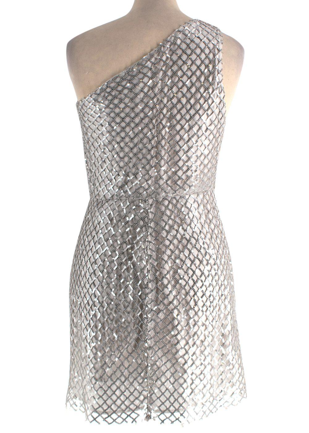 Michelle Mason Silver Sequin Mesh One-Shoulder Mini Dress