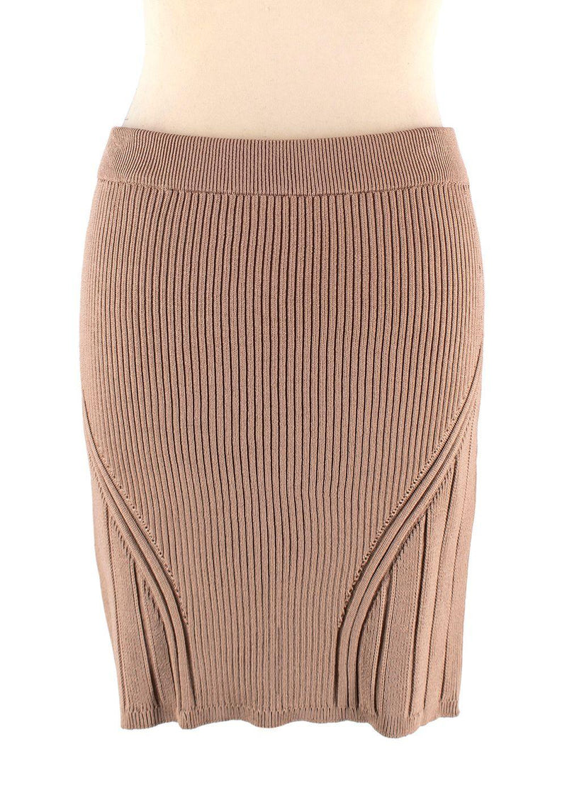 Balmain Camel Ribbed Knit Mini Skirt with Gold Button Detail