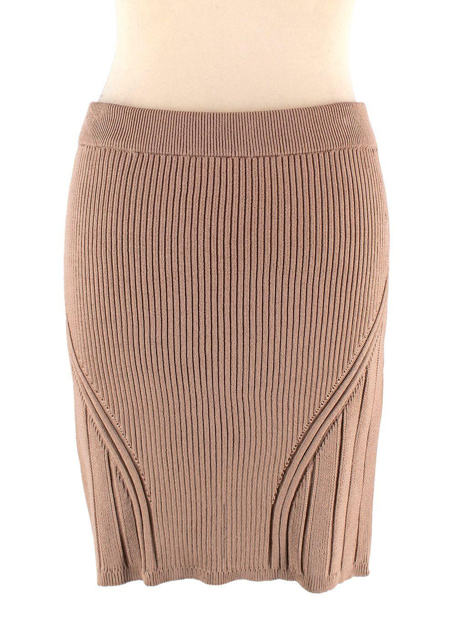Balmain Camel Ribbed Knit Mini Skirt with Gold Button Detail