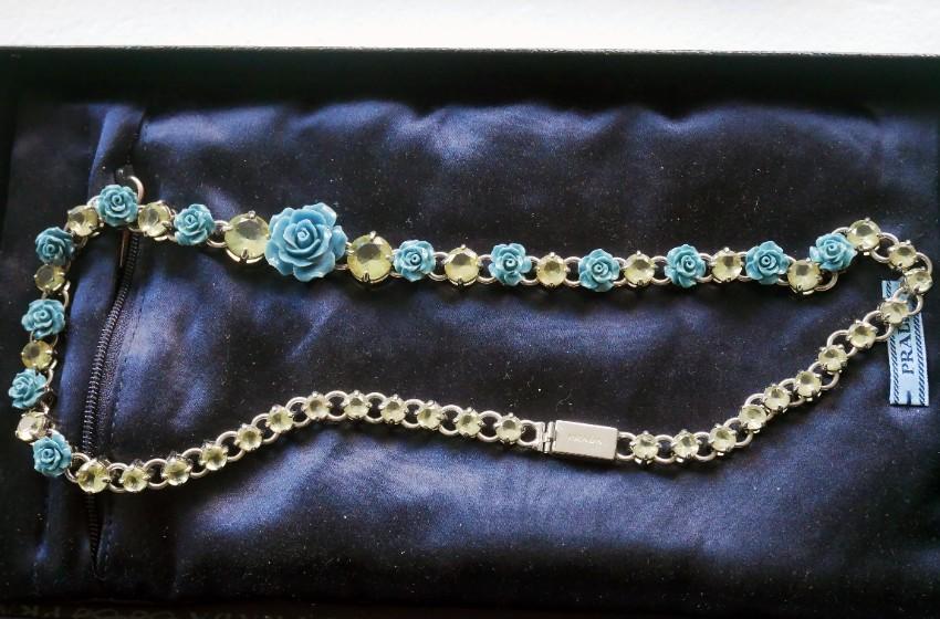 Prada Blue & Silver Floral Crystal Runway Necklace